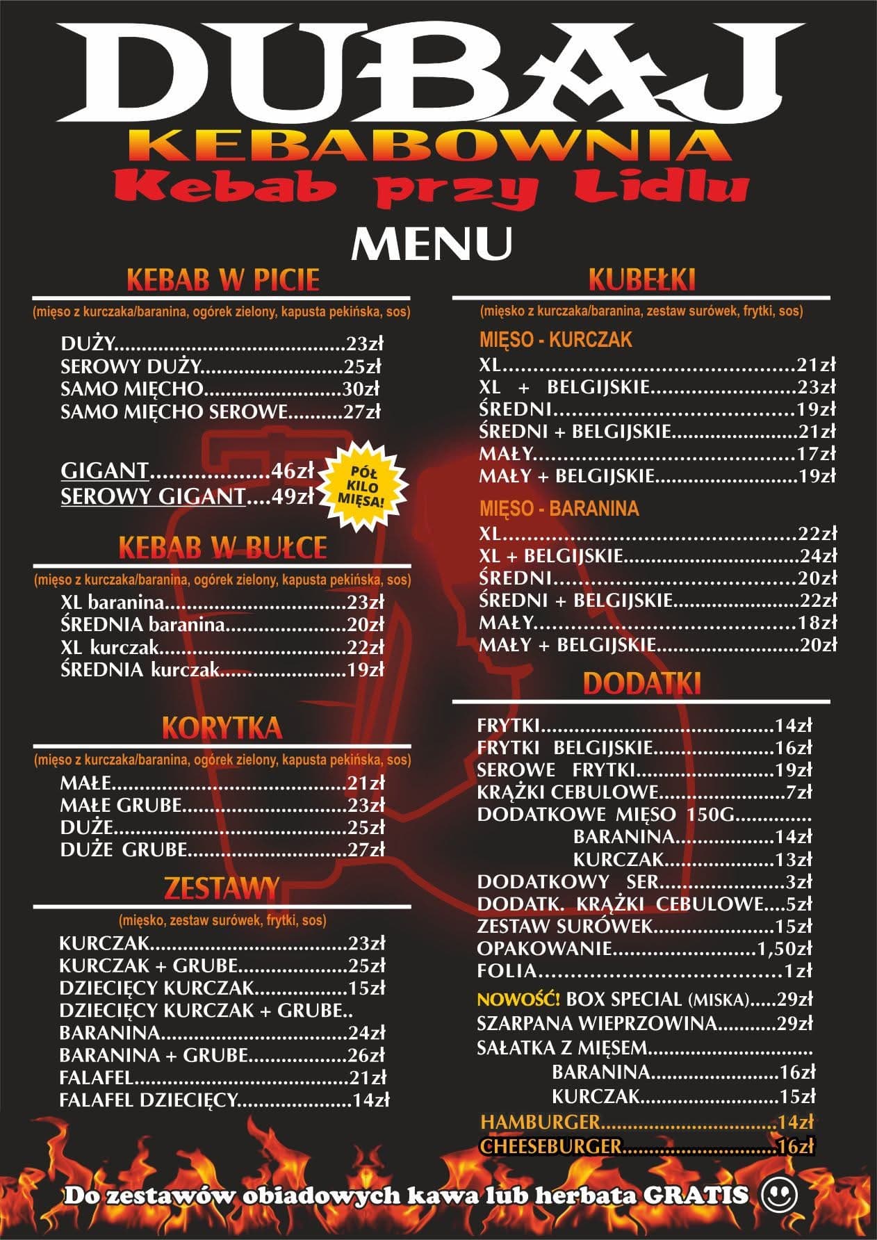 Pełne menu Kebabowni Dubaj — kebaby, kubełki, korytka i zestawy