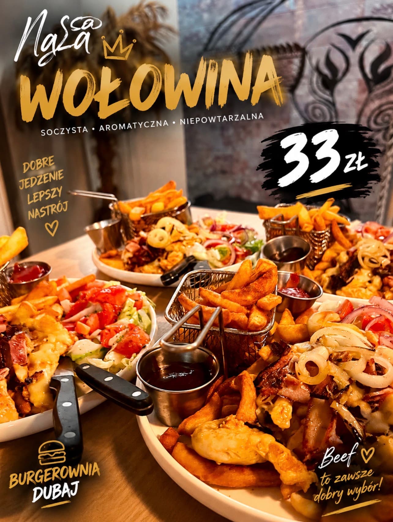 Dania z wołowiną, frytkami i sałatkami — 33 zł